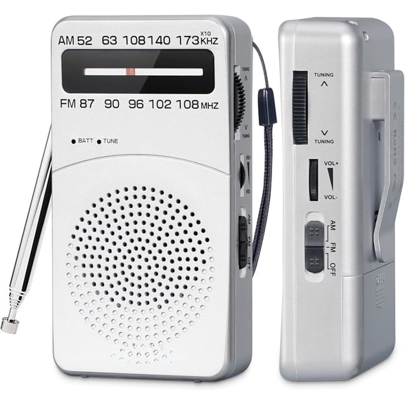 J-166 Portable Radio AM FM, Battery Operated Radio with Tuning Light, Back Clip, Excellent Reception, AM FM Radios Portable, Transistor Radios