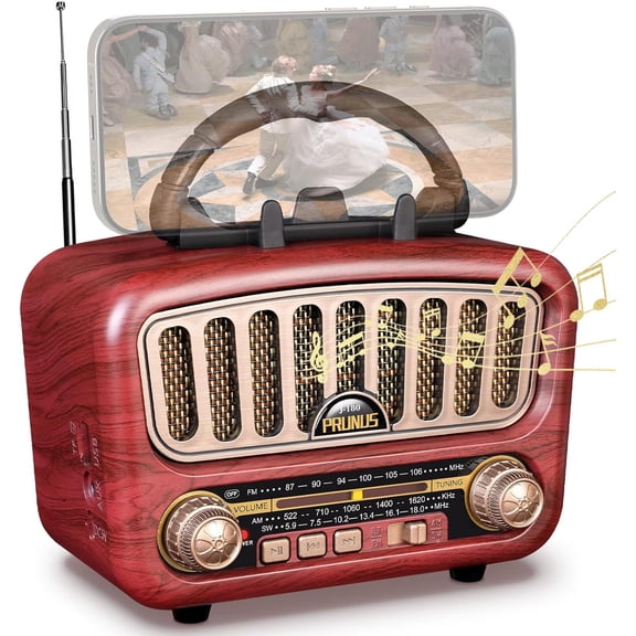 J-180 Vintage Retro Radio Bluetooth Speaker with Stereo Sound, AM FM Radio Portable with Loud Volume, BT5.0, TF Card & MP3 Player, Rechargeable Speaker