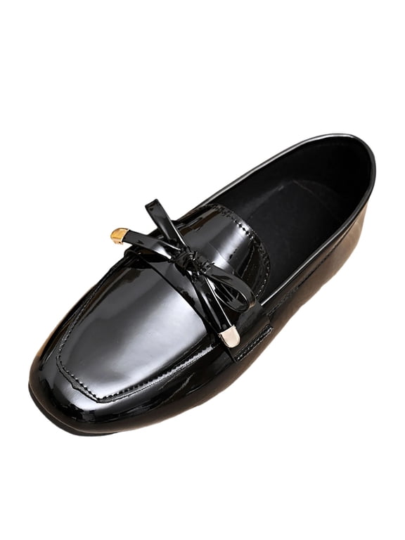 J-239 Black Womens Faux Leather Slip Ons Round Toe Bow Detail Comfortable Casual Loafers Flats For Daily Office And Street Style Comfort