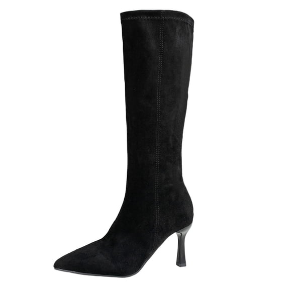 J-299 Black Womens Pointed Toe Suede Boots Chunky Heel Winter Casual Skinny Knee High Mid Calf Boots Ladies