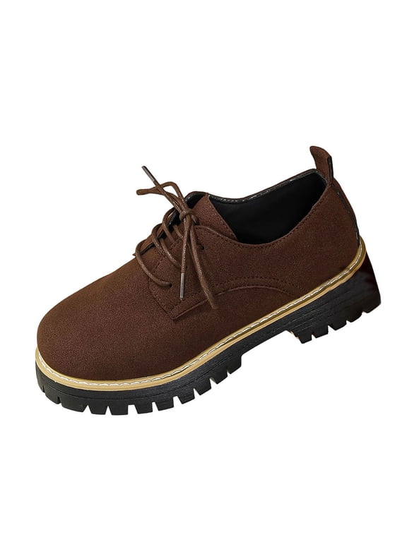 J-328 Brown Classic Lace Up Loafers For Ladies Round Toe Chunky Heel Mid Heel Solid Color Casual Comfortable Shoes
