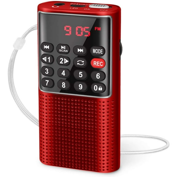 J-328 Mini Portable Pocket FM Radio MP3 Walkman with Recorder, Gifts for Mom, Lock Key, SD Card Player, Rechargeable Battery Operated(NO AM) Red