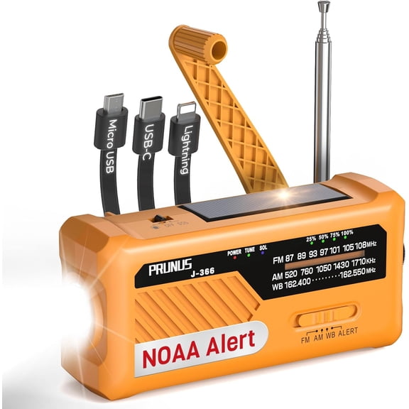 J-366 Emergency Radio with 3 Charging Cables, NOAA Weather Alert, 7400mWh/Solar/Hand Crank/USB-C Charging, Battery Operated, WB/AM/FM, SOS Alarm, Flashlight, Compact for Bag, NOAA Radio