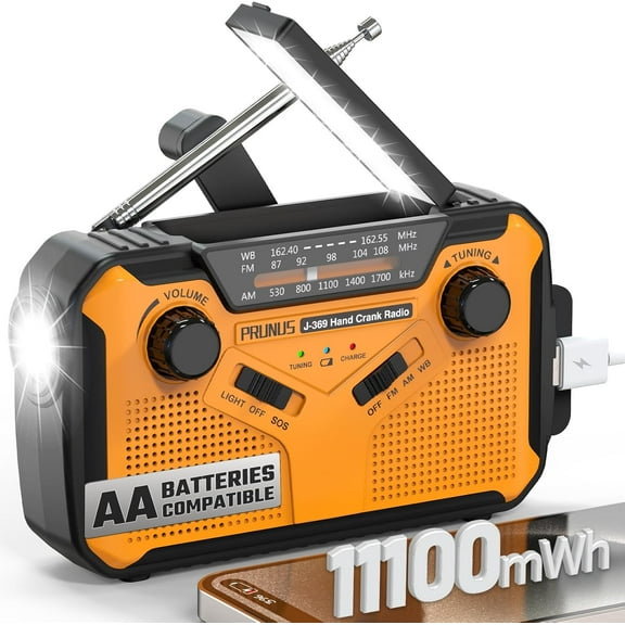 J-369 11100mWh Emergency Weather Radio, AA Batteries/Hand Crank/Solar/USB Charging, NOAA/AM/FM, LED Flashlight and Reading Lamp,SOS Alarm & Flashlight Portable