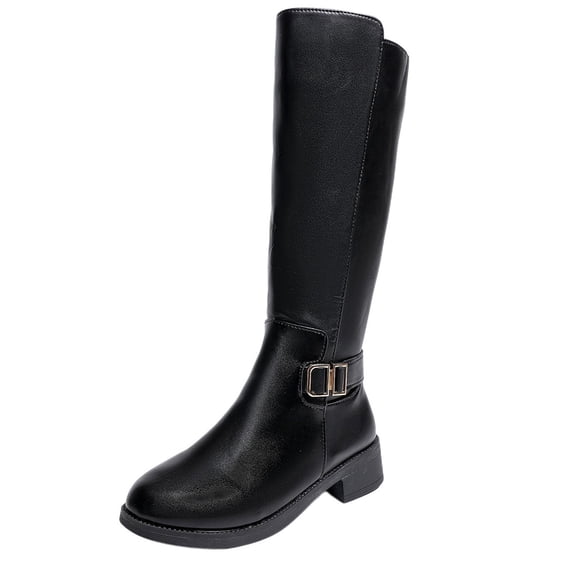 J-490 Black Ladies Pu Knee High Boots Round Toe Belt Buckle Side Zipper Low Heel Casual Solid
