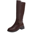 thumbnail image 1 of J-490 Brown Knee High Boots Ladies Pu Round Toe Belt Buckle Side Zipper Low Heel Casual Solid, 1 of 7