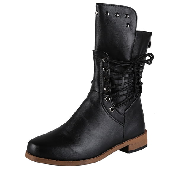 J-596 Black Ladies Chunky Heel Mid Calf Boots Round Toe Lace Up Casual Winter Fall Shoes For Daily Walking