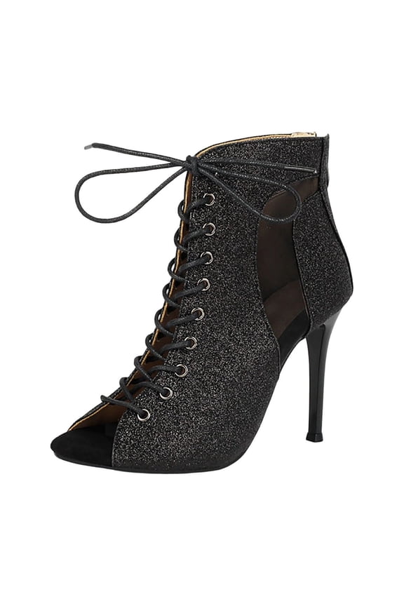 J-748 Black Fashionable Ladies Summer Ankle Boots Pointed Toe Faux Leather Mesh Cutout High Heel Comfortable Casual Booties For Dance And Street