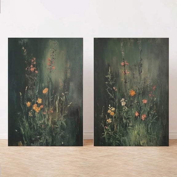 J_971, Set of 2, 5x7 Size, Stretched Canvas Wall Art, Wildflower Field Vintage Botanical Framed Painting Canvas Art Prints Set of 2