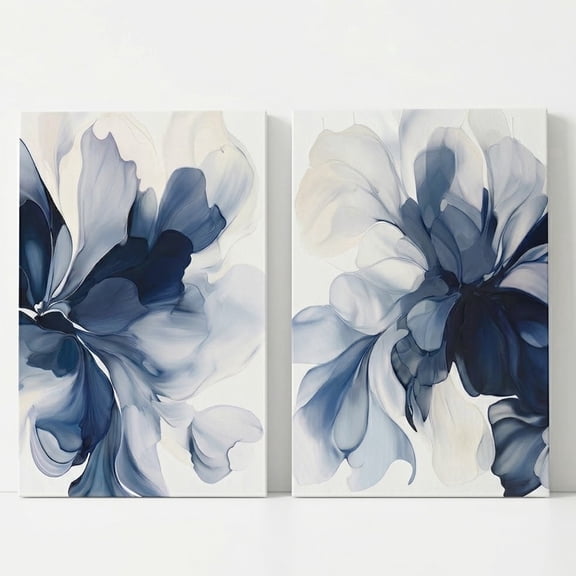 J_972, Set of 2, 5x7 Size, Stretched Canvas Wall Art, Navy Blue Floral Abstract, Set of 2 Prints