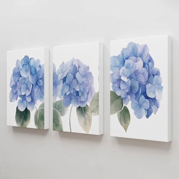 J_977,  Set of 3, 12x16 Size, Stretched Canvas Wall Art, botanical wall art trio blue hydrangea watercolor Painting Canvas Art Prints Set of 3