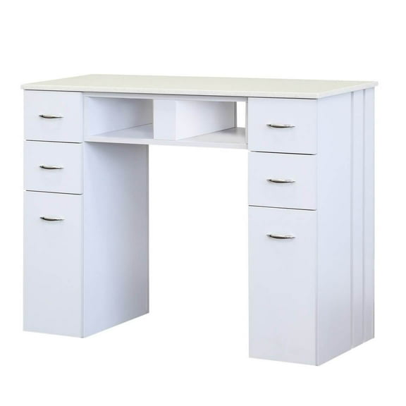 J&A Manicure Table Nail Station for Beauty Salon Furniture & Equipment, Granite Top & 2UV Hole, Modern White