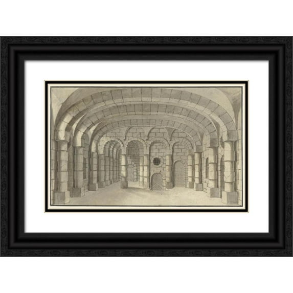 J.A. Tempelier 24x17 Black Ornate Framed Double Matted Museum Art Print Titled: Decor Design of a Dungeon (1700 - 1800)