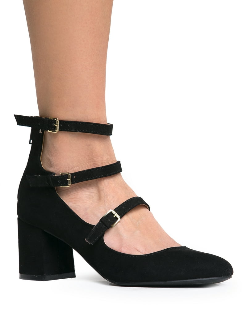 靴 Three Straps Mary Jane J. Adams 3 Strap Mary Jane Heel Pumps – Buckled Strappy Low Block