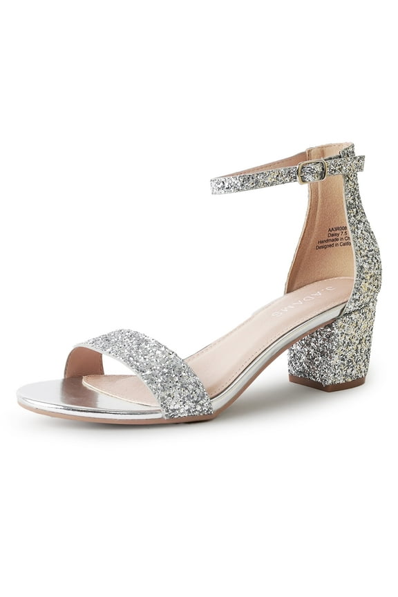 J.Adams Daisy, Women's High Heel Block heels, Chunky Shoes Ankle Strap Wedding Sandals - Silver Glitter - 8