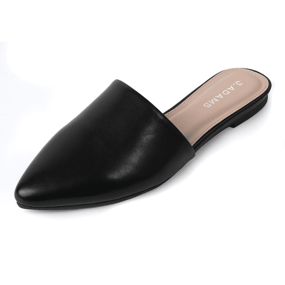 J. Adams Lennox Mules for Women -Comfortable Black Vegan Leather Sandals Pointed Toe Slides