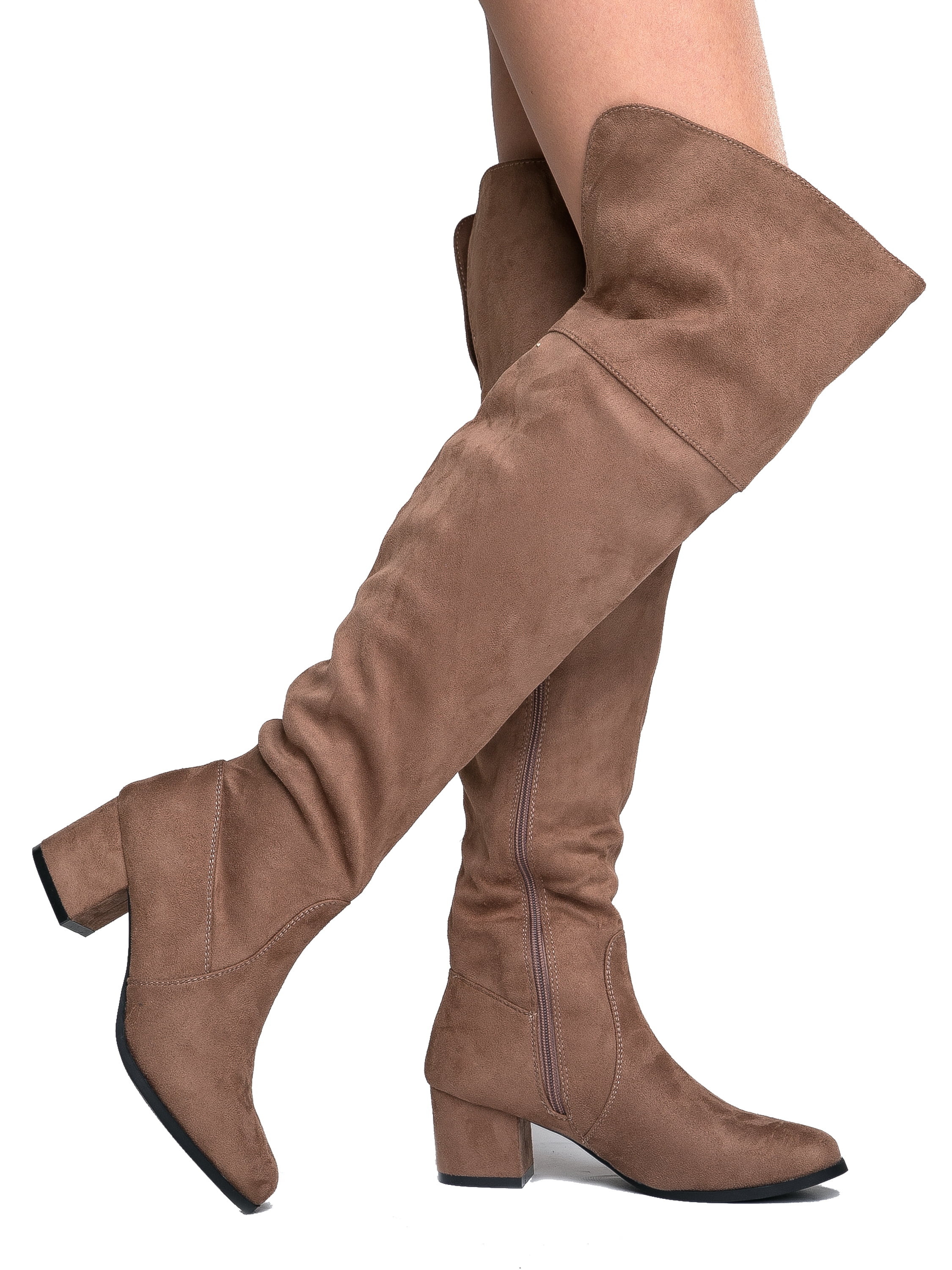 Faux Suede Knee High Boots- Taupe – Anna Kaytes Boutique Taupe Faux Suede over Knee Boots small heel main image 2
