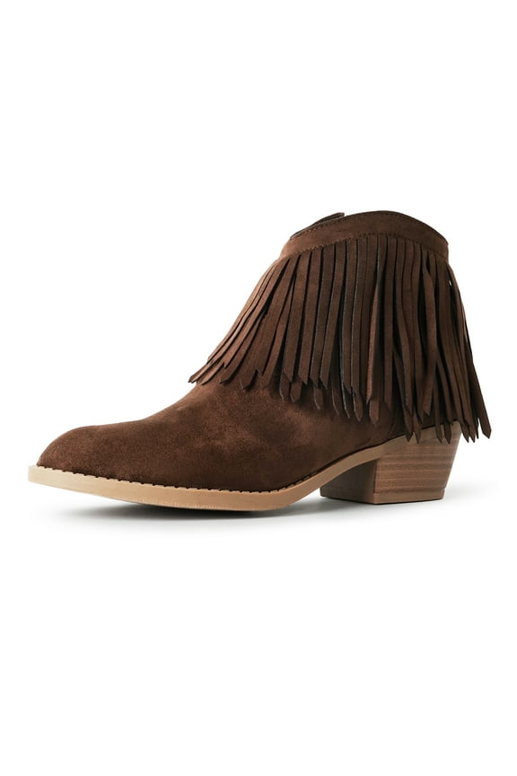 Marrow Chunky Boot - Western Fringe Cowboy Low Bootie Heel - Ankle Strap Open Toe High Block Sandals for Women