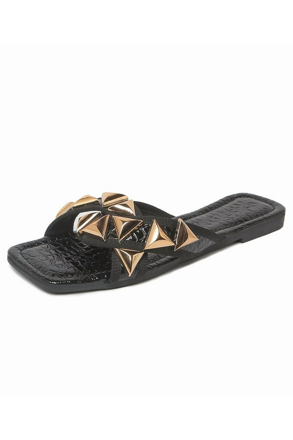 J.Adams Scarlet Studded Slide Sandals - Women's Trendy Slip-On Flats - Stylish and Comfortable Open-Toe Summer Sandals - Perfect for Casual and Dressy Outfits