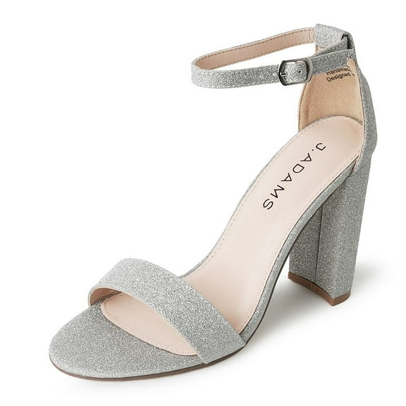 J. Adams Shirley High Silver Comfortable Heels for Women | Open Toe Ankle Strap Block Sandal