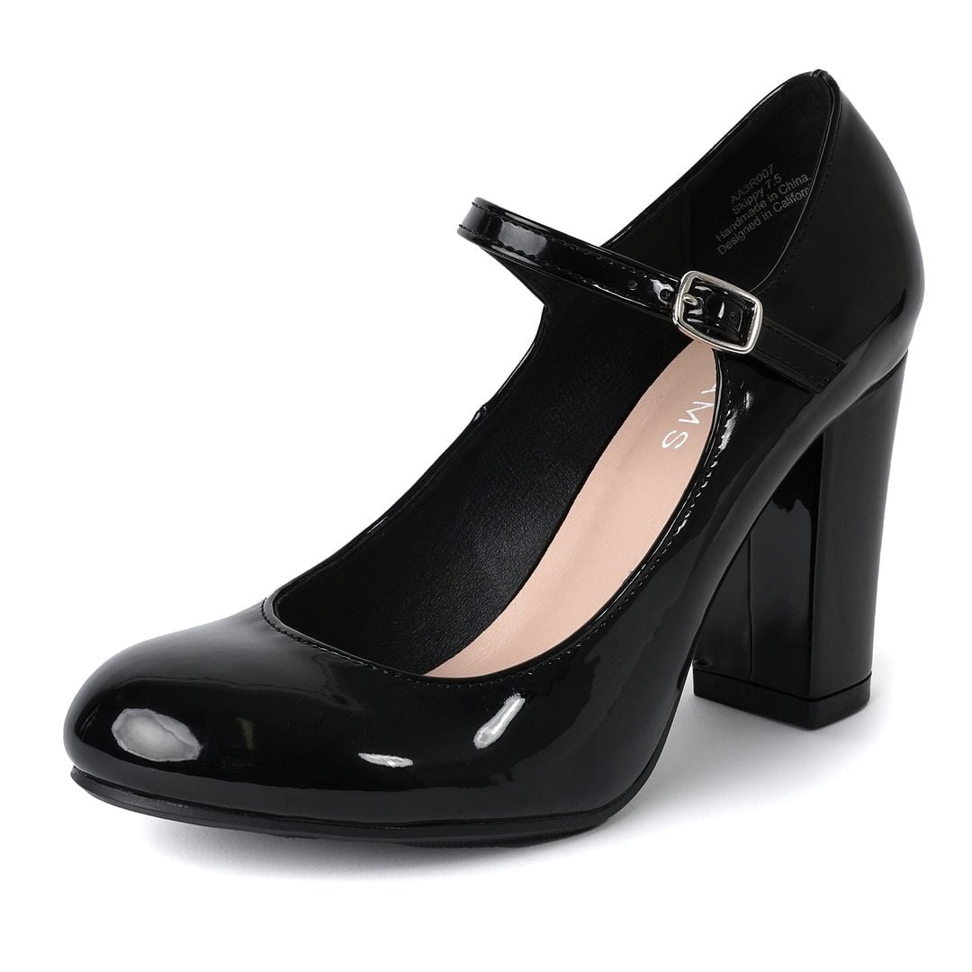 VOKLIN Women's Mary Jane Pumps – Round Toe, Patent Leather, Chunky Block High Heel (3.55"), Oxford Style Dress Shoes
