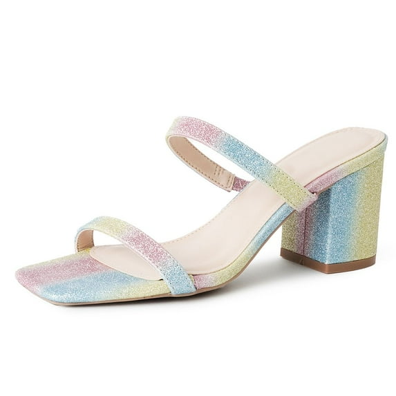 J. Adams Stormi Heel Women Dressy Summer Flat Mules- Square Toe Double Band Low Block Heel Sandals