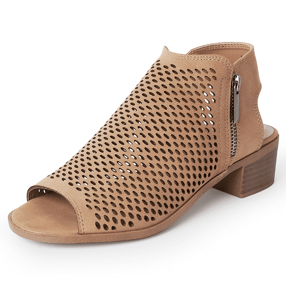 J. Adams Booties for Women - Comfortable Peep Toe Low Block Heel Tracy Bootie - Perforated Design with Zipper Closure
