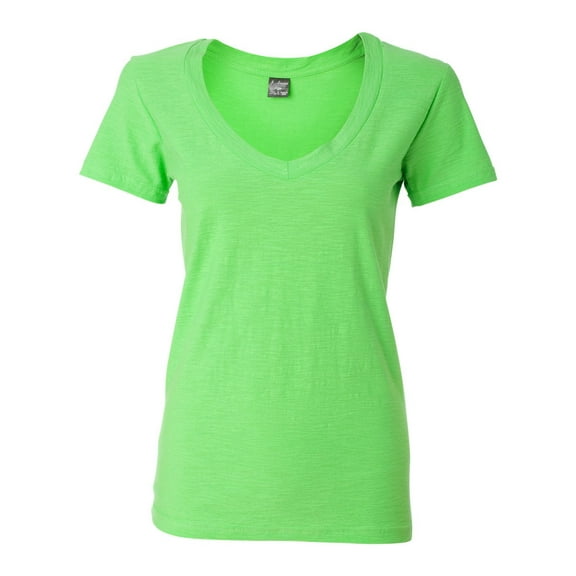 J. America B57728175 Women V-Neck Slub T-Shirt, Lime - Large