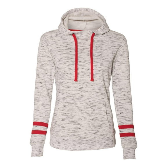 J. America - Women’s Melange Fleece Striped-Sleeve Hooded Sweatshirt - 8674, White/ Red, 2XL