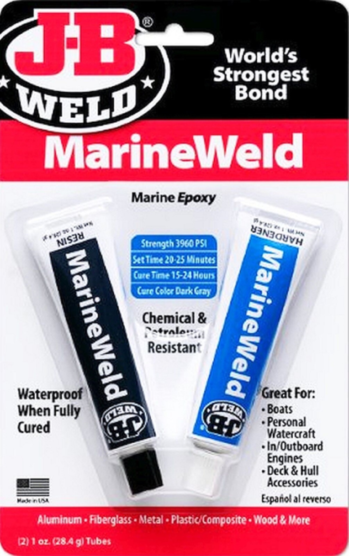 J-B Weld 1oz Gray Marine Weld Epoxy Adhesive Kit is a specially formulated two-part epoxy cold weld system that provides for strong, lasting repairs for bonding different or similar surfaces - image 1 of 7