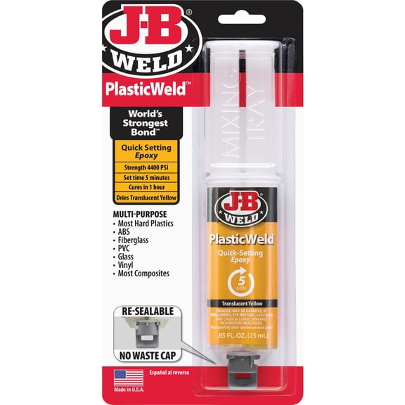 J-B Weld 50132 PlasticWeld Quick-Setting Epoxy Syringe - Dries Translucent Yellow - 25 ml Pack of 3