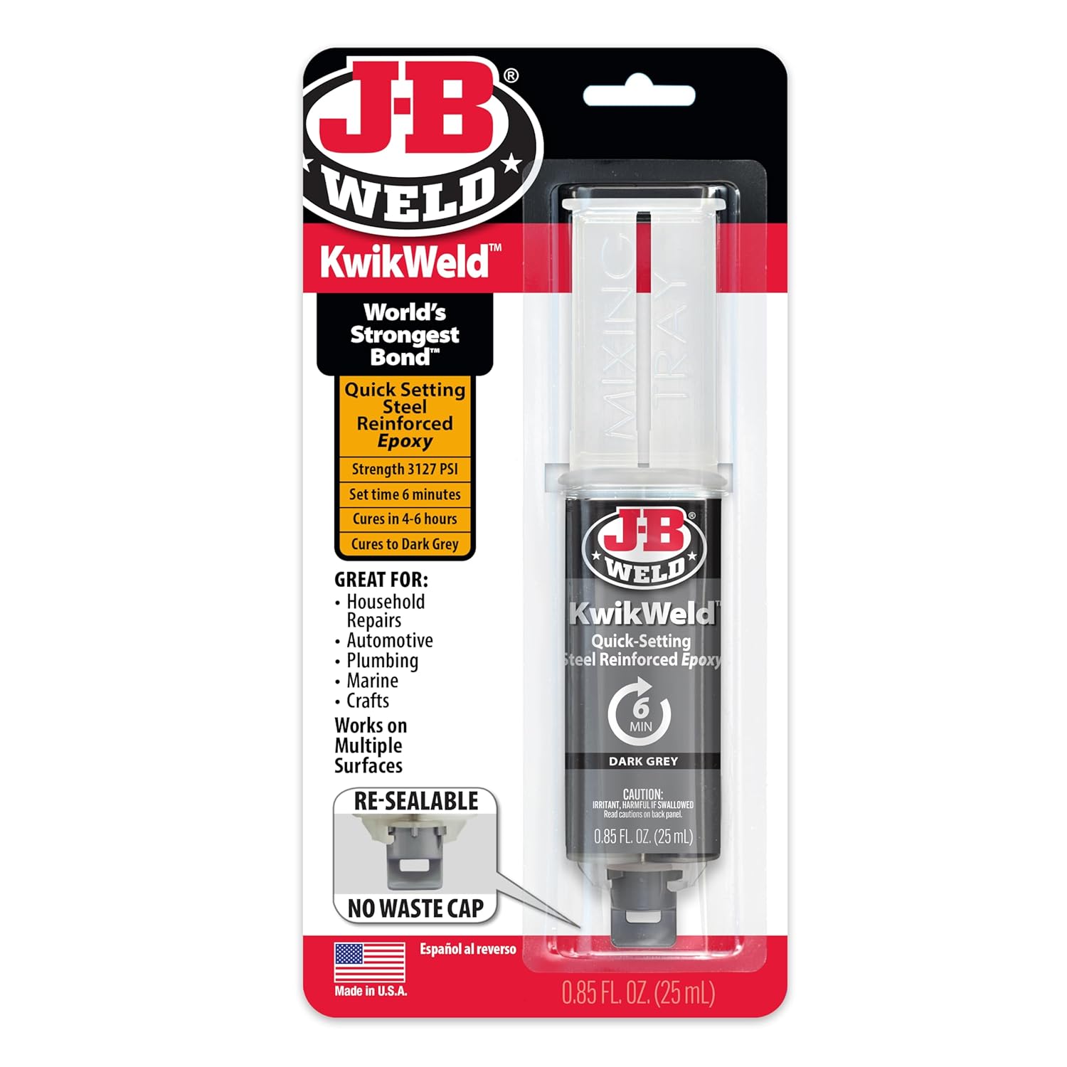JB Weld 50176 KwikWeld Steel Reinforced Epoxy Syringe Dark Grey 25