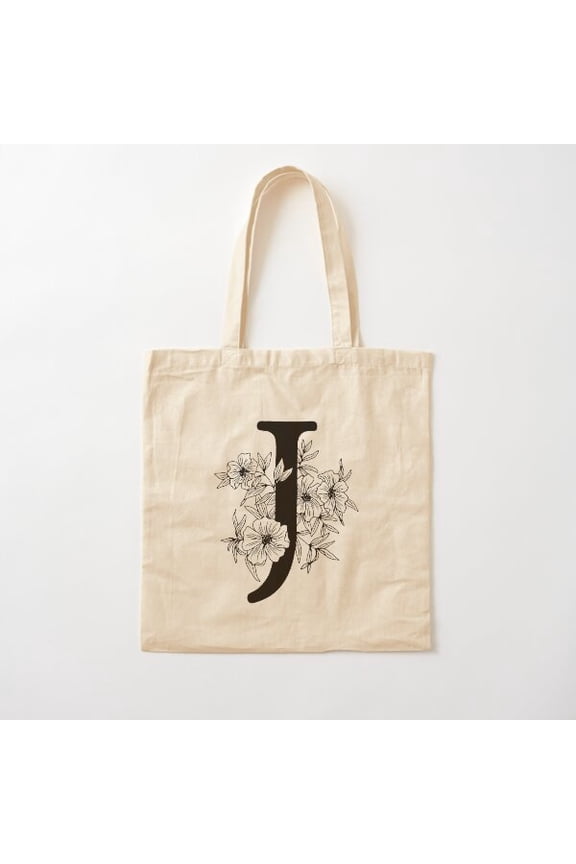 J Botanical Monogram Canvas Tote Bags, Reusable Shopping Bag