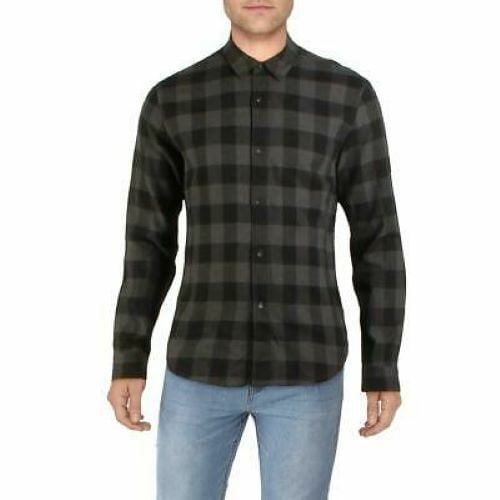 J Brand Mens Duona Cotton Plaid Button-Down Shirt Black/Coal-XL