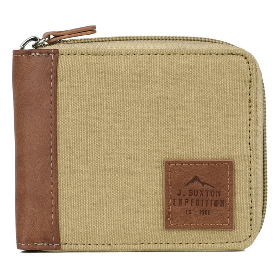 J. Buxton Men's RFID Slimfold Zip-Around Wallet Canvas, Tan