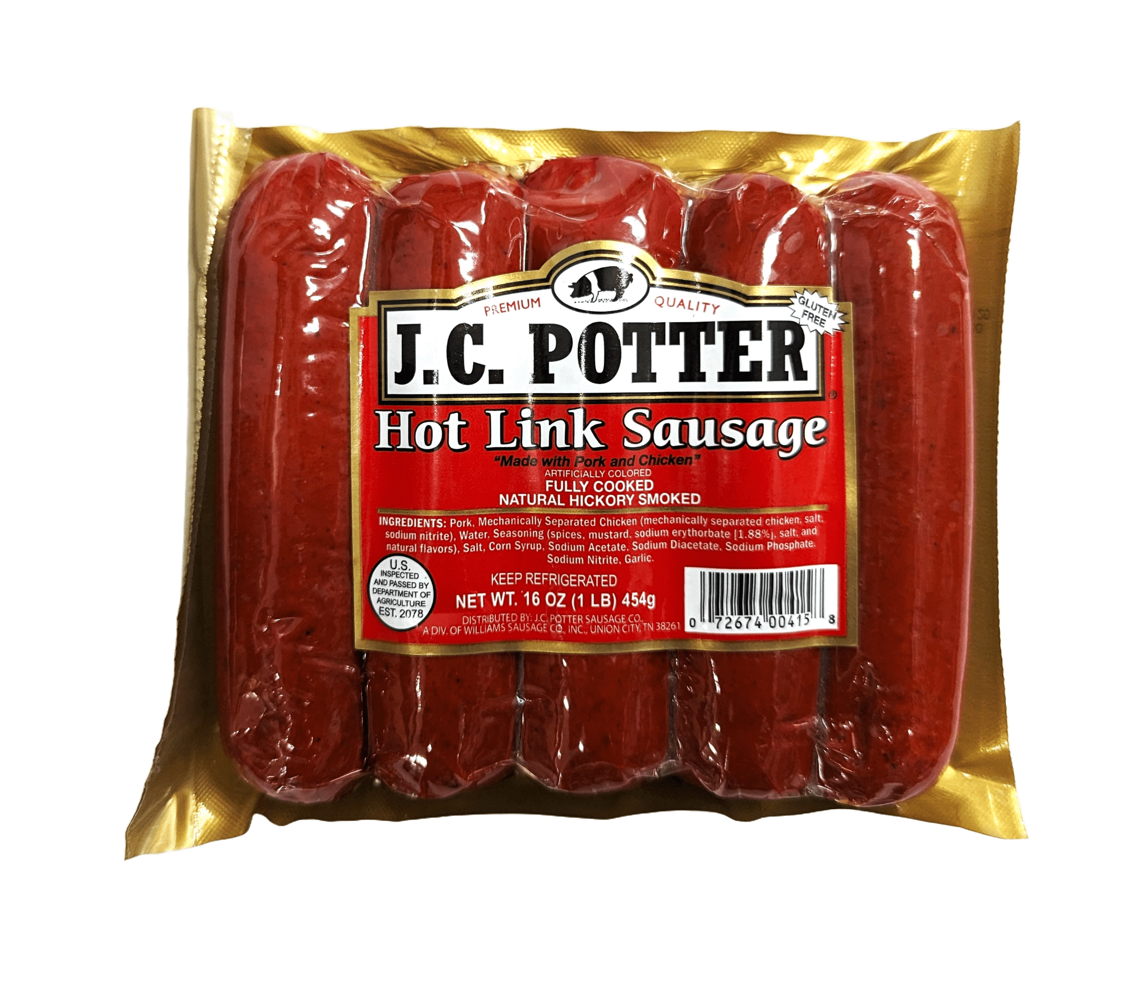J.C. Potter Hot Link Pork and Beef Sausage, 16 oz, Plastic Wrapped, Fully Cooked, Refrigerated