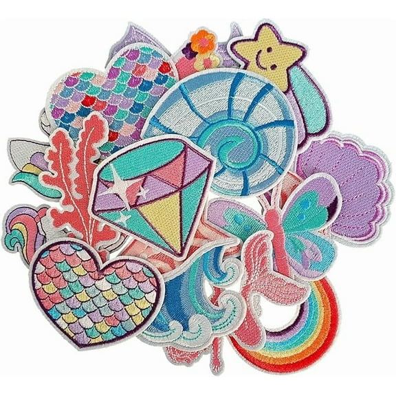 J.CARP 16Pcs Dreamy Cute Iron on Patches, Colorful Embroidered Applique Rainbow Star Heart Butterfly Diamond Patch for Girls Clothes, Dress, Hat, Jeans, DIY Accessories