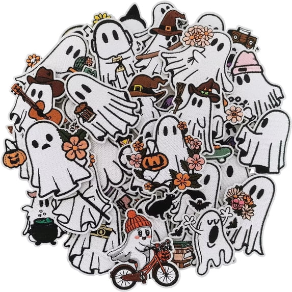 J.CARP 50 Pcs Ghost Iron On Patches, Halloween Embroidered Appliques - Cute Pumpkin & Boo Ghost for Clothes, Hats, Backpacks, Jackets