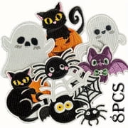 J.CARP 8 Pcs Cute Halloween Iron on Patches, Ghost Bat Spider Cat Animals Sew on Embroidered Applique Embroidery Repair Patch DIY Craft Accessories for Hallowee