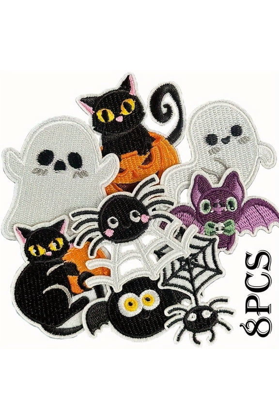 8 Pcs Cute Halloween Iron on Patches, Ghost Bat Spider Cat Animals Sew on Embroidered Applique Embroidery Repair Patch DIY Craft Accessories for Halloween Costume Clothing Jacket Backpack Hat
