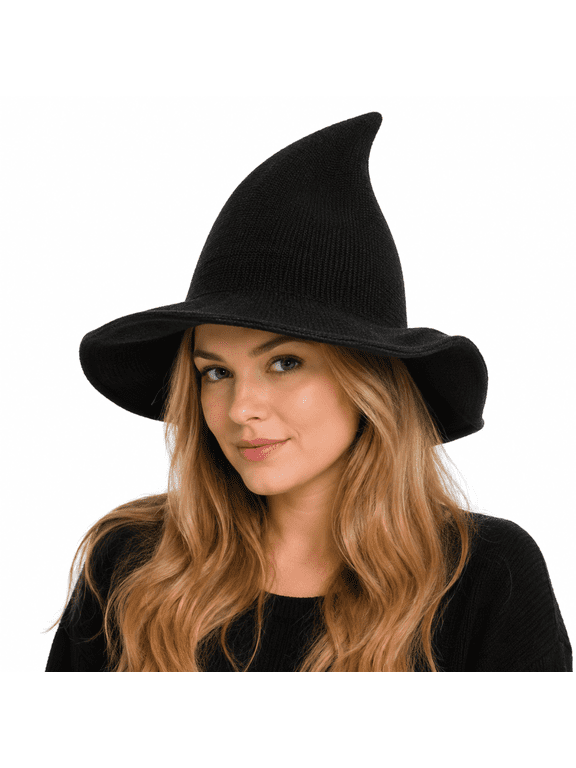 Women’s Knitted Witch Hat - Black Cozy Pointed Hat for Halloween, Fall Festivals, Costume Parties & Everyday Autumn Wear (Black)
