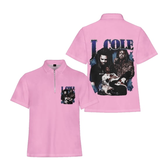 J Cole Rapper Flip collar T-shirt Fit Zipper Tee Shirt Harajuku Man/Woman Pink Short Sleeved