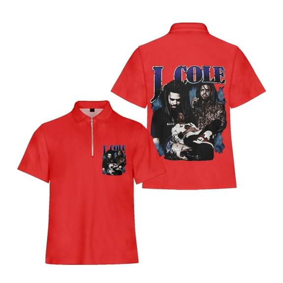 J Cole Rapper Flip collar T-shirt Fit Zipper Tee Shirt Harajuku Man/Woman Red Short Sleeved
