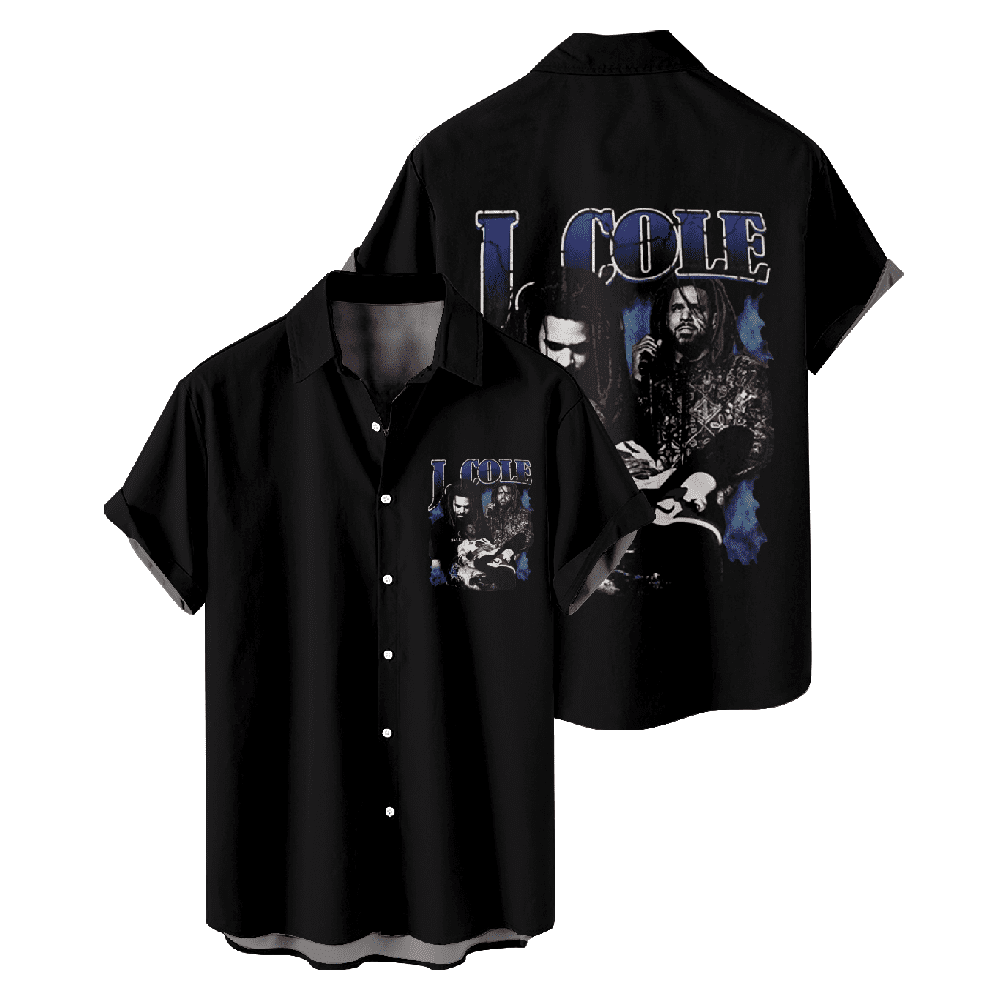 J Cole Rapper Turndown Collar Shirt Black short sleeve shirt Flip ...