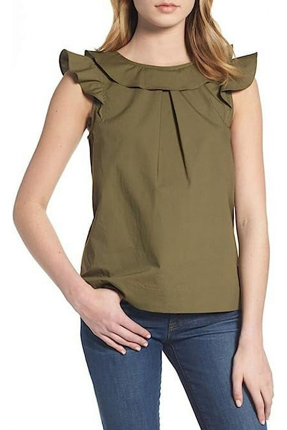 Ruffle Cotton Poplin Top - Tuscan Olive (6 Petite)