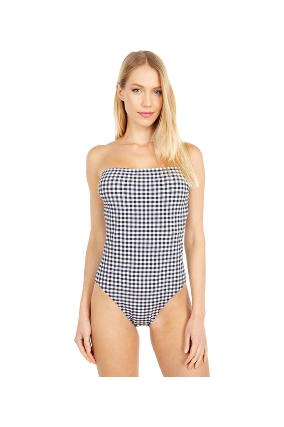 J.Crew Straight Bandeau One-Piece Swimsuit in Matte Gingham Prospect Gingham Black/Ivory 16