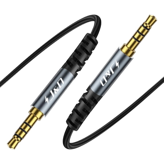 J&D 3.5mm TRRS M/M Aux Cable, Nylon Braided, Gold-Plated Plugs, Aluminum Alloy Shell, 6.6 ft, Grey