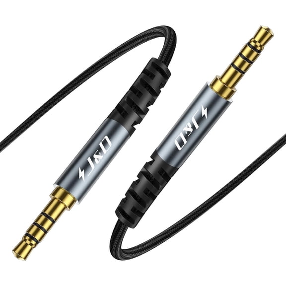 J&D 3.5mm TRRS M/M Aux Cable, Nylon Braided, Gold-Plated Plugs, Aluminum Alloy Shell, 6.6 ft, Grey