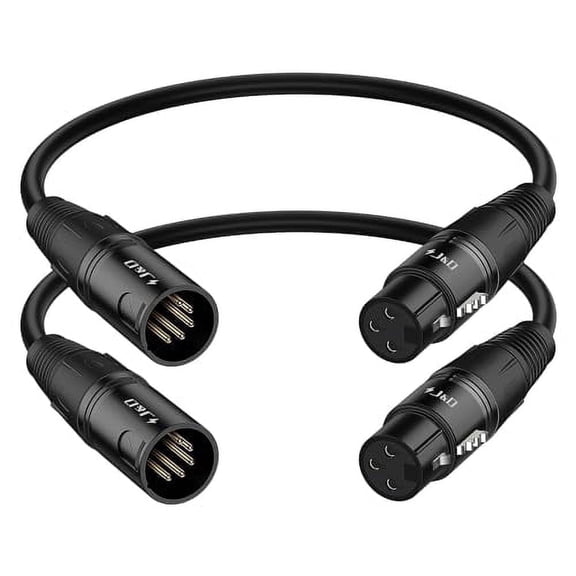 J&D 3-Pin to 5-Pin DMX Cable, 2-pack 12-inch Zinc Alloy Housing Signal Connector Cable