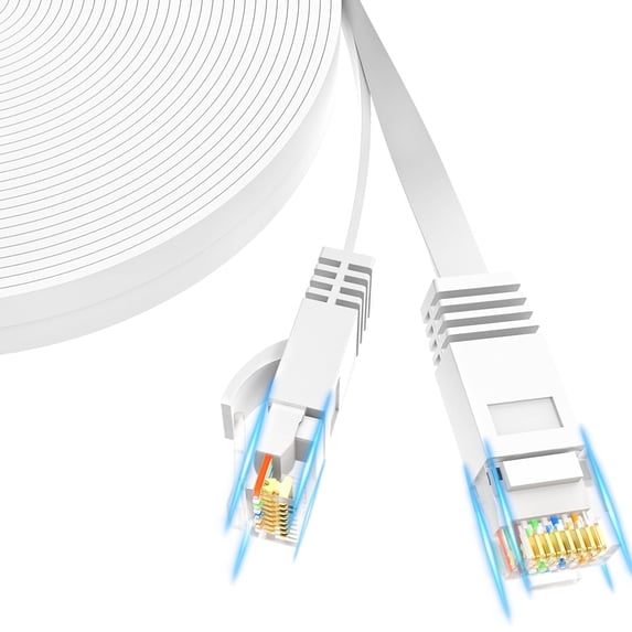 J&D 30 ft Cat6 Ethernet Cable, Slim Flat Network Cable, 250MHz Bandwidth for Internet, Streaming, Gaming, White